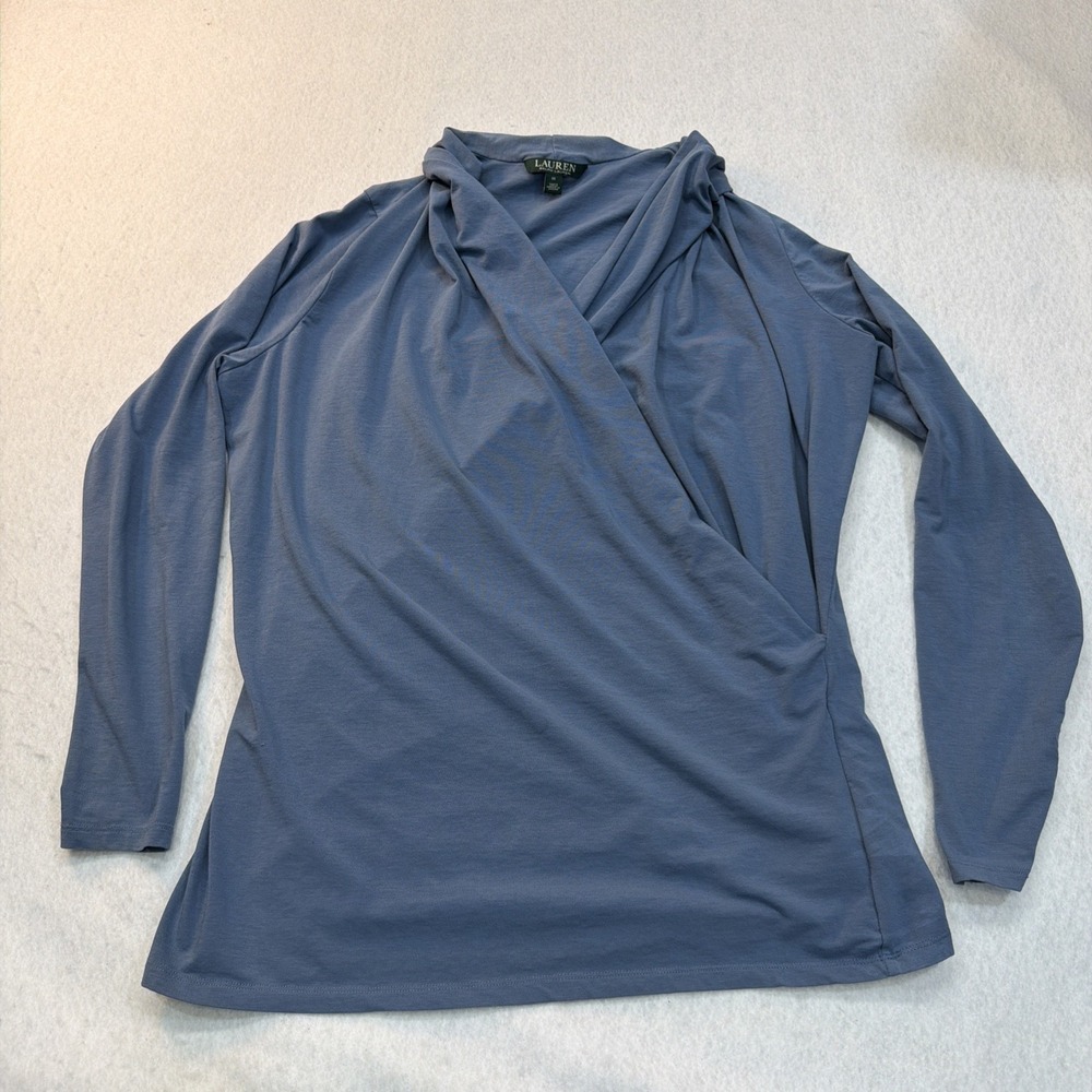 Lauren Ralph Lauren Shirt Womens 1X Slate Blue Draped Front Long Sleeve Stretch